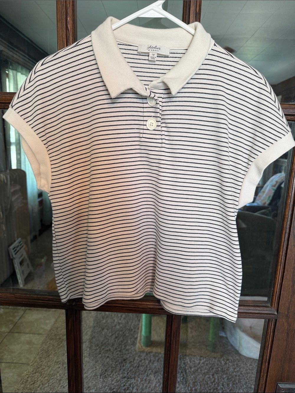 Atelier by Kirious Cream Black Striped Knit Polo Short Sleeve Sweater Top‎ M